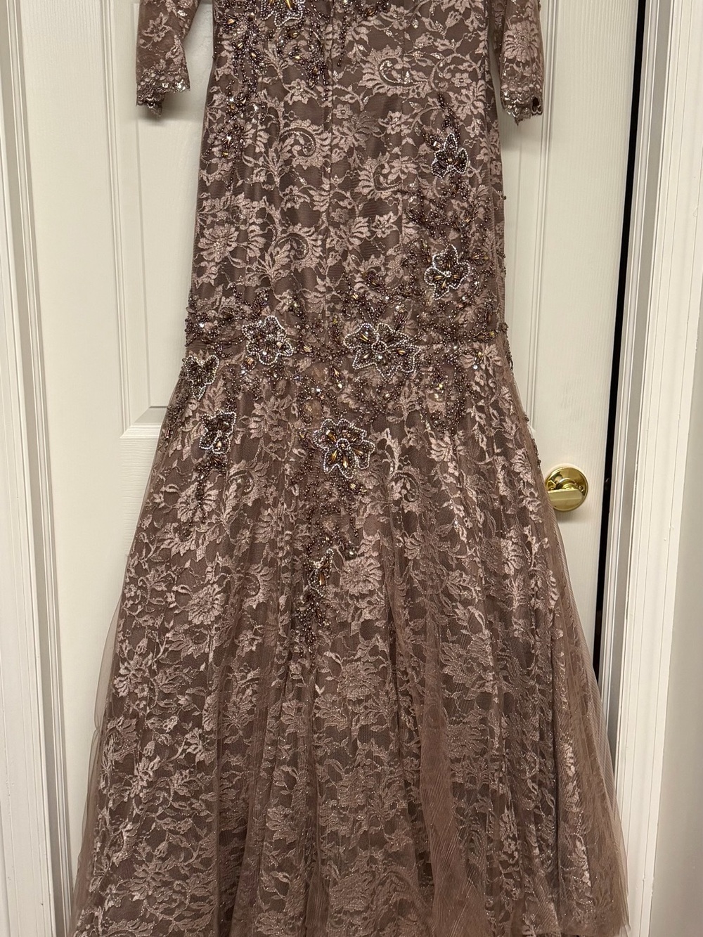 Elegant Lace & Beaded Taupe Evening Dress
